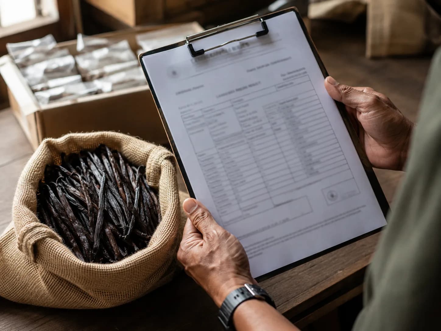 Checking a lab certificate of analysis against a sack of cured vanilla beans