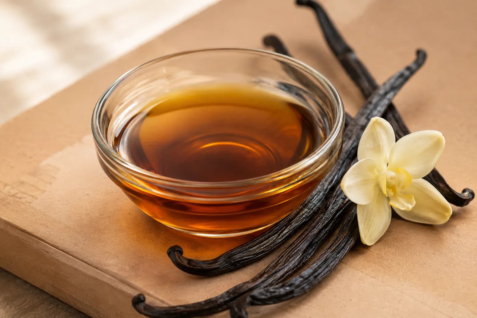 Vanilla essence in a glass bowl beside dried vanilla pods and a vanilla orchid flower