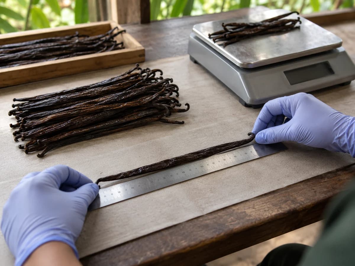 Gloved hands measuring a cured vanilla bean at a grading bench