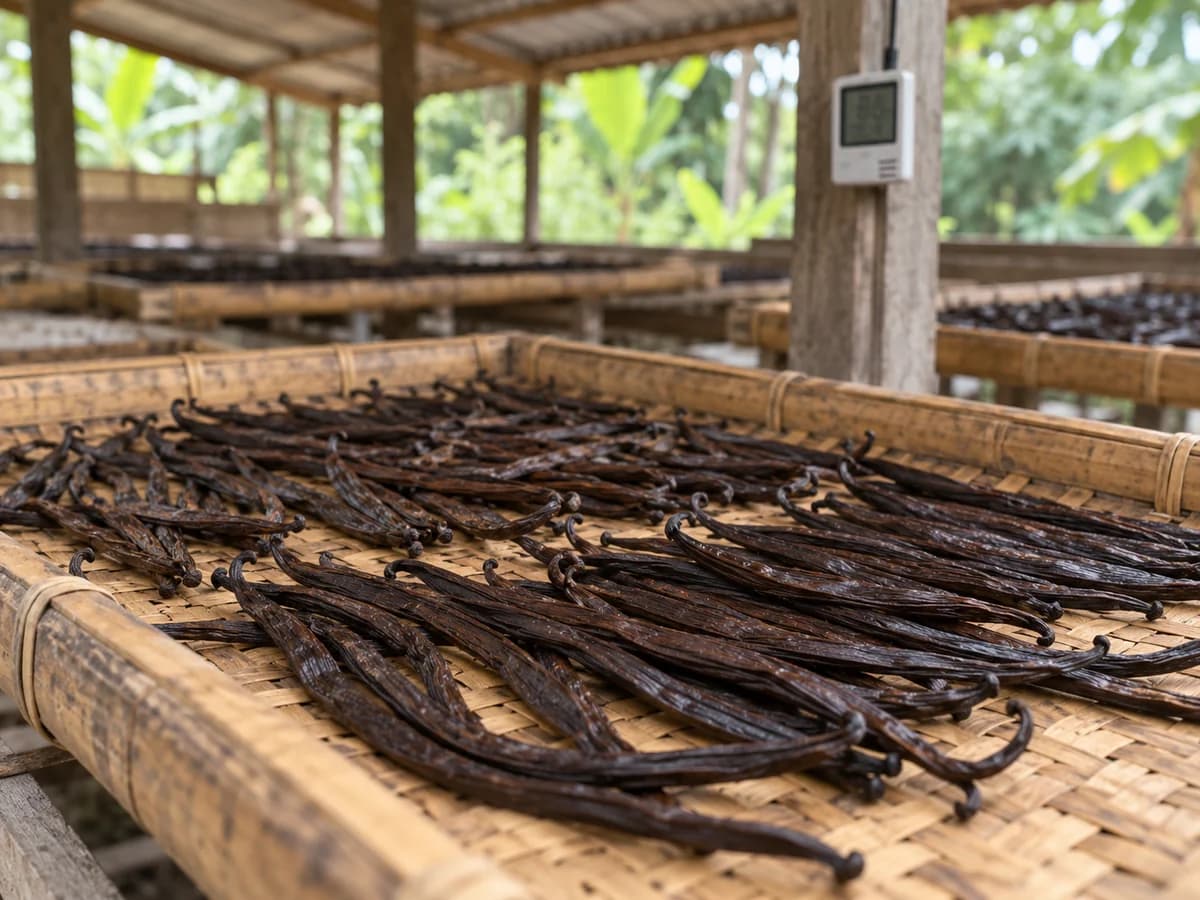 Vanilla beans drying on a bamboo tray with a nearby data logger