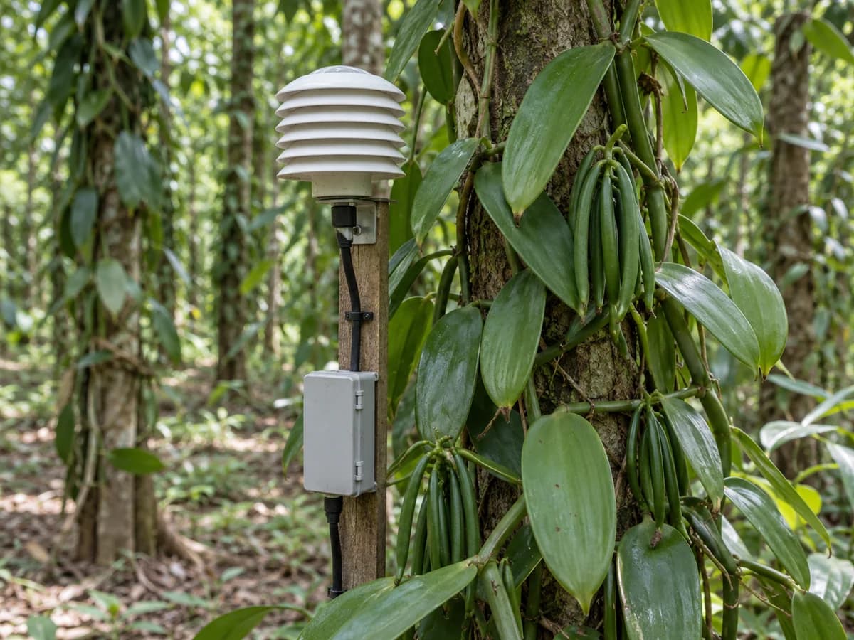 Temperature and humidity sensor beside a vanilla vine
