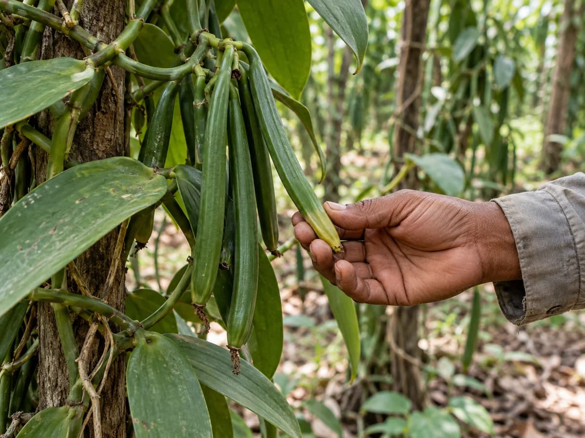 Grower checking the tip of a vanilla pod before harvest